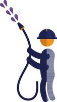 Character of fireman holding blue hose. vector