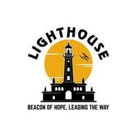 Lighthouse silhouette at sunset Vector Design For Coastal Harbor Logo With Pointer Light