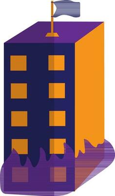 Blue flag on purple and orange burning building.