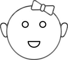 Cartoon baby girl face icon in line art. vector