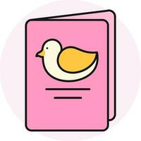 Cartoon duck on card icon in pink color. vector