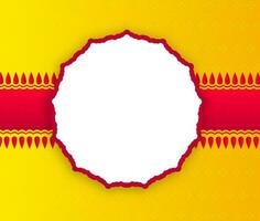 Blank circular sticker on red floral stripe on yellow abstarct background. vector