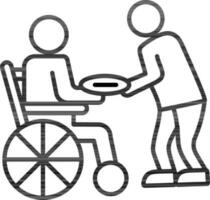 línea Arte ilustración de humano dando comida plato de discapacitado silla de ruedas hombre. vector
