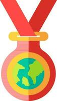 Earth globe on medal icon in red and orange color. vector