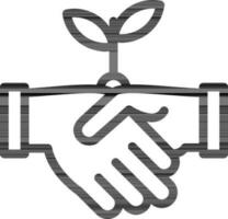 Black line art illustration of Handshake hand with plant icon. vector