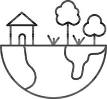 House with plants and tree in half earth globe icon in line art. vector