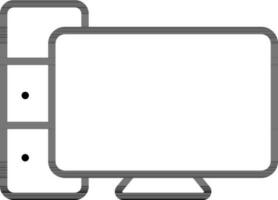 Computer with CPU icon in black line art. vector