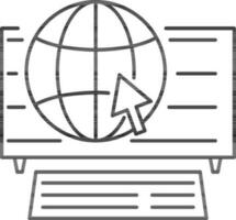 Thin line art Cursor Arrow with Globe in Monitor Screen and Keyboard icon. vector