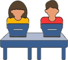 Faceless Boy and Girl Using Laptop icon for Group Learning or Teamwork. vector