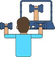 Back view of Man weightlifting with dumbbells and Looking at the laptop screen icon. vector