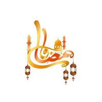 Hanging lighting lanterns decorated glossy text Ramadan. vector