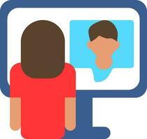 Back View of Woman Video Conference from Monitor icon in flat style. vector