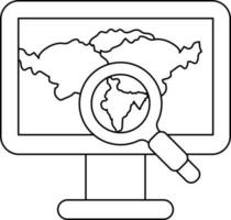 Line art Indian Map Searching in Monitor Screen icon. vector