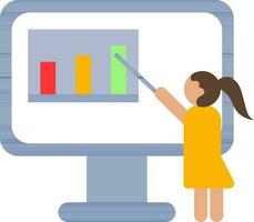 Young Woman Pointing with Stick on Presentation Graph Chart Monitor Screen icon. vector