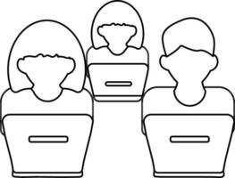 Line art illustration of Boys and Girls Using Laptop icon for Group Learning or Teamwork. vector