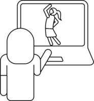 Back view of Woman doing yoga exercise with watching at the laptop screen line art icon. vector