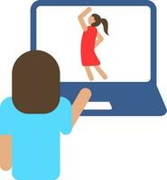 espalda ver de mujer haciendo yoga ejercicio con acecho a el ordenador portátil pantalla icono. vector