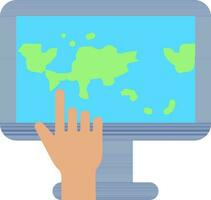 Hand Touch World Map Monitor Screen icon in blue and green color. vector