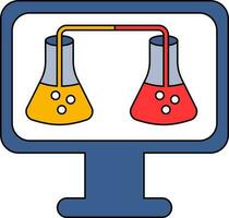 Red and Yellow Liquid Erlenmeyer Flasks in Monitor Screen icon for Research Lab. vector