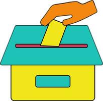 Orange hand putting paper in green and yellow ballot box. vector