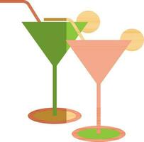 Cocktail glasses decorated with lemon slice and straw. vector