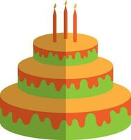 Burning candles decorated cake. vector