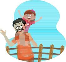 Happy girl sitting on Super Dad shoulders and sticker with wooden fence. vector