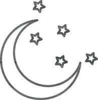 Black line art illustration of Crescent moon with stars icon. vector