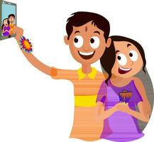 Cute Brother and Sister taking selfie. vector