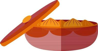 Orange momos in red casserole pan. vector