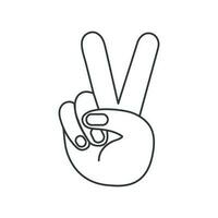 Hand gesture V sign as victory or peace  icon. illustration in outline style. 70s retro vector design.