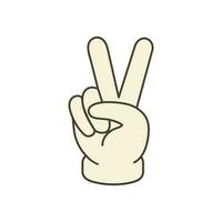 Hand gesture V sign as victory or peace  icon.  illustration in cartoon style. 70s retro clipart  vector design.