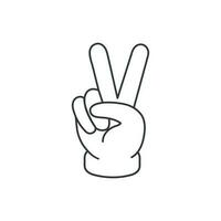 Hand gesture V sign as victory or peace  icon. Illustration in outline style. 70s retro vector design.