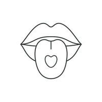 Mouth icon with tongue sticking out and heart.  Illustration in outline style. 70s retro vector design.