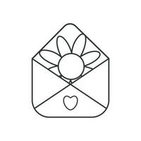 Envelope icon with chamomile inside and heart.  Illustration in outline style. 70s retro vector design.