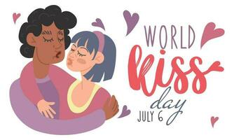 World Kissing Day. A young couple hugs and kisses. valentine's day. Abstract illustration of love. Magical feelings. For printing, posters, postcards. A gift for a loved one. Horizontal vector