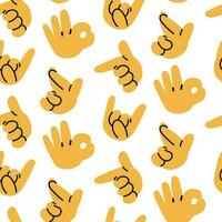 A pattern of hand signs rock, love, support, hold on, ok, up, gun, down, class and others with a black outline on a white background. Cartoon hands. Printing on textiles and paper vector