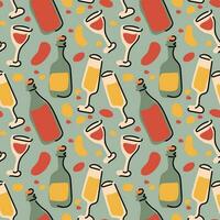 A pattern of cute little stickers with stylish illustrations of wine bottle details. Seamless background with fashionable cozy elements. Ideal for printing on textiles and paper. Decoration for a cafe vector