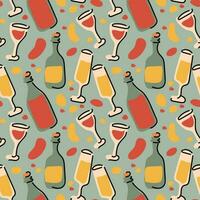 A pattern of cute little stickers with stylish illustrations of wine bottle details. Seamless background with fashionable cozy elements. Ideal for printing on textiles and paper. Decoration for a cafe vector