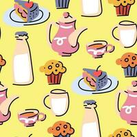 A pattern of cute little stickers with stylish illustrations of tea party details and sweets. Seamless background with fashionable cozy elements. Ideal for printing on textiles and paper. Decoration vector