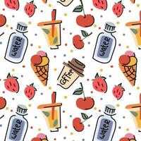 A pattern of cute little stickers with stylish illustrations of water, drinks, fruits. Seamless background with fashionable cozy elements. Ideal for printing on textiles and paper. Ornament for a cafe vector