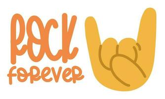 A banner with an illustration of a large cartoon hand, which depicts the rock forever sign. Palm with open fingers index and little finger, the rock sign. Inspiring, supportive banner. Horizontal ROCK vector