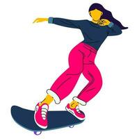 Poster of the International Skateboarding Day. A girl rides a skateboard on a white background. Skateboard tricks, skateboarding, jumping. Banner with bright people for the holiday on June 21 vector