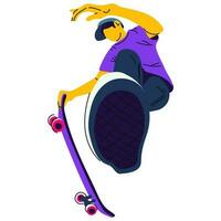 Illustration of a guy with a skateboard performing a skateboard jump on a white background. Skateboard tricks, skating, jumping on a special platform. Wooden ramp. Active youth in bright juicy colors vector