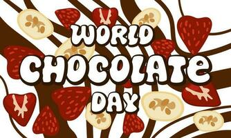 Vector illustration for the World Chocolate Day. The inscription on the background of mixed white and dark chocolate with strawberries and banana. An idea for a poster, banner, leaflet, postcard