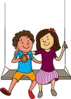 Cute little boy and girl on swing. vector