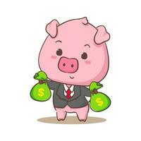 Cute pig cartoon character wearing formal suit holding money bag. Adorable animal concept design. Isolated white background. Vector art illustration.