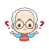 Cute grandpa confused with question mark  cartoon character. People expression concept design. Isolated background. Vector art illustration.