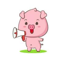 Cute pig cartoon character holding megaphone. Adorable animal concept design. Isolated white background. Vector art illustration.