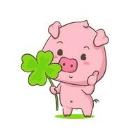 Cute pig cartoon character holding a lucky 4 leaf clover. Adorable animal concept design. Isolated white background. Vector art illustration.